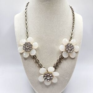 Vintage VCLM White Flower Rhinestone Statement Necklace Signed